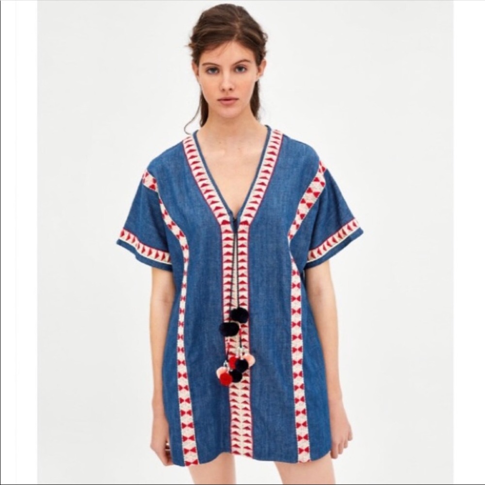NWT Zara Embroidered Denim Dress